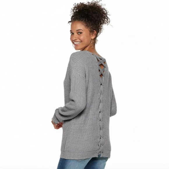 So Juniors V Neck Chunky Lace Up Back Sweater, Grey XXS - Picture 1 of 10